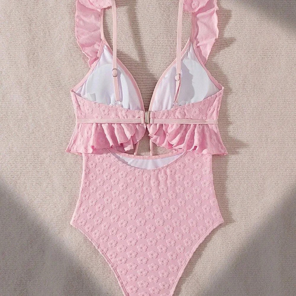 Pink Cute Women's Beach Vacation Jacquard Ruffle Trim One-Piece Swimsuit - Picture 5 of 6